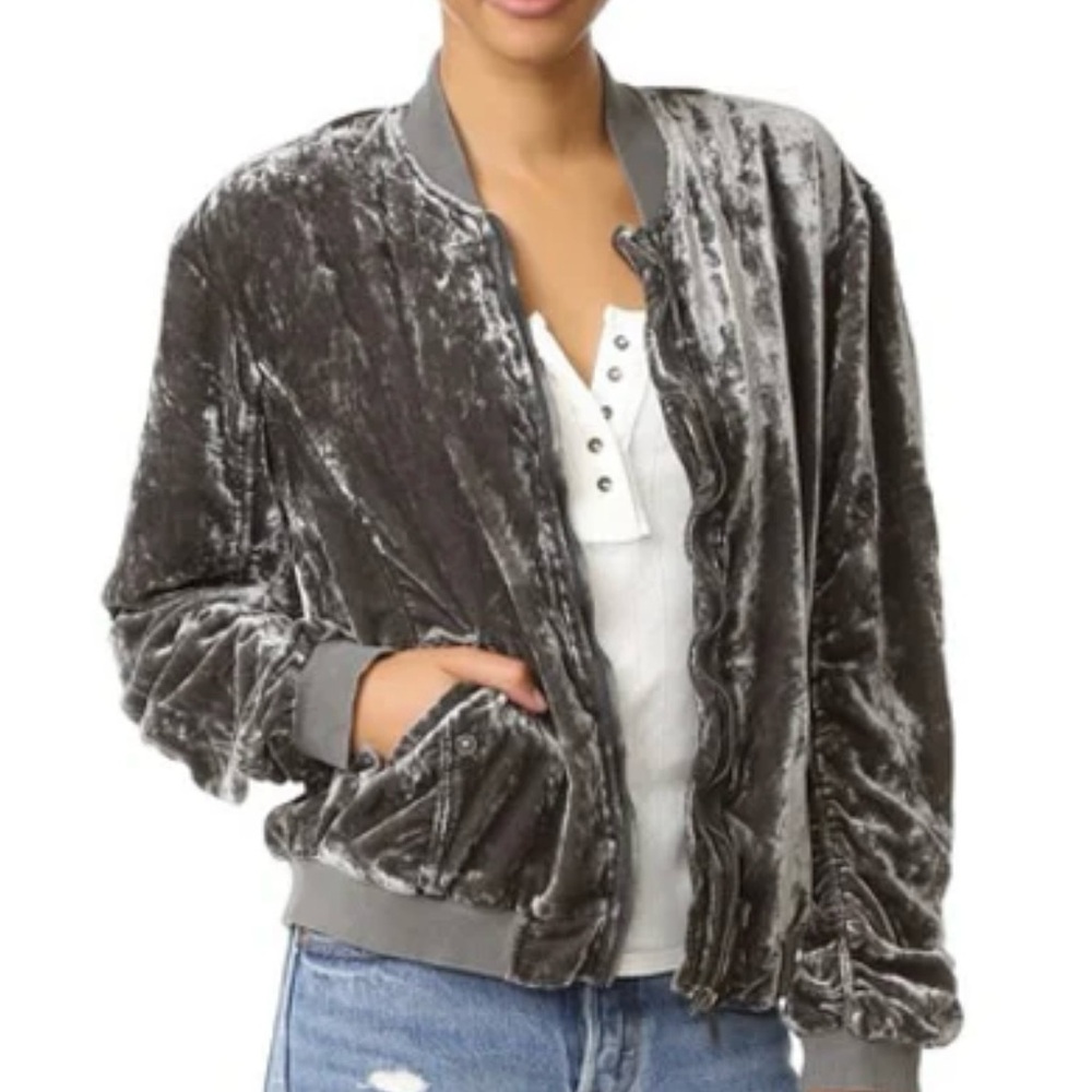 Free People Gray Velvet Bomber Jacket with Ribbed Cuffs